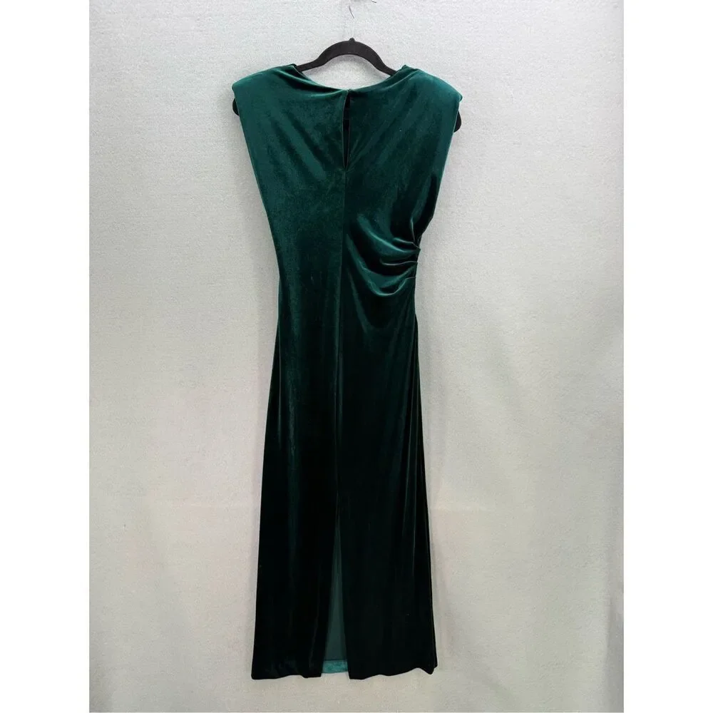 Zara Womens Green Velvet Sleeveless Draped Crewneck Slit Back Maxi Dress Size XS - Picture 7 of 8